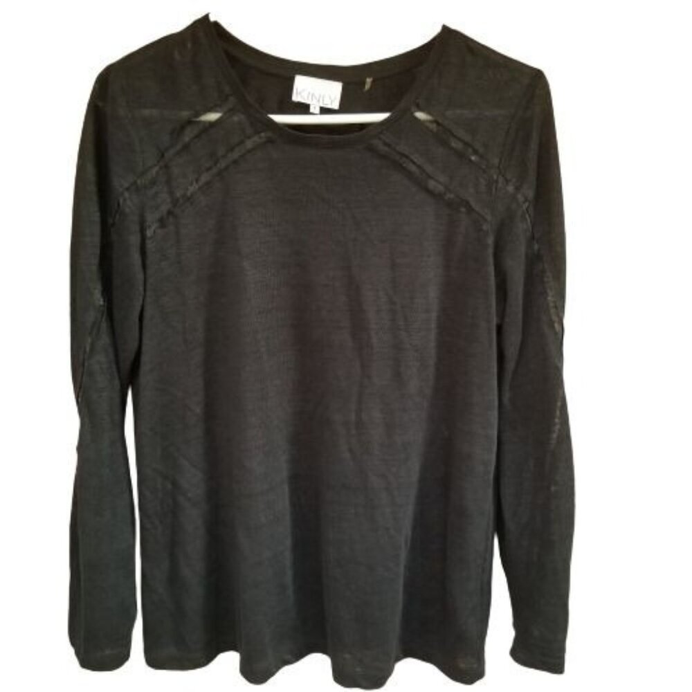 Kinly Women's Small 100% Linen Long Sleeve Shirt Mesh Details Black Shirt Casual